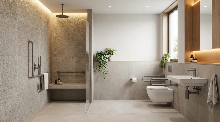 Modernes, barrierefreies Badezimmer mit bodengleicher Dusche, rutschfesten Fliesen und eleganten Haltegriffen