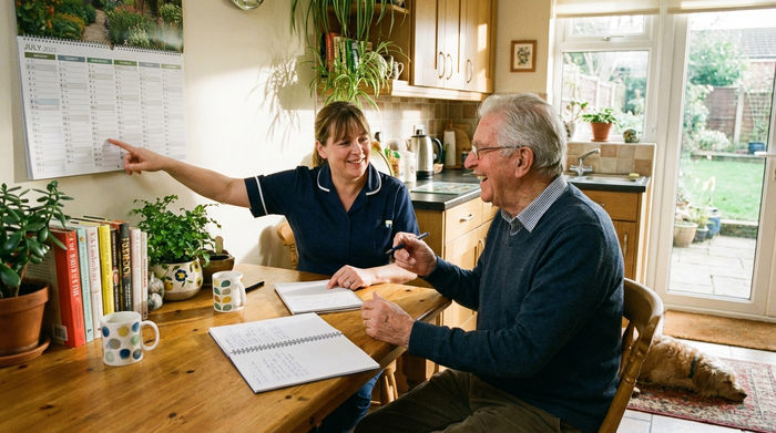 Pflegerin und Senior sitzen entspannt am Küchentisch und besprechen Pläne