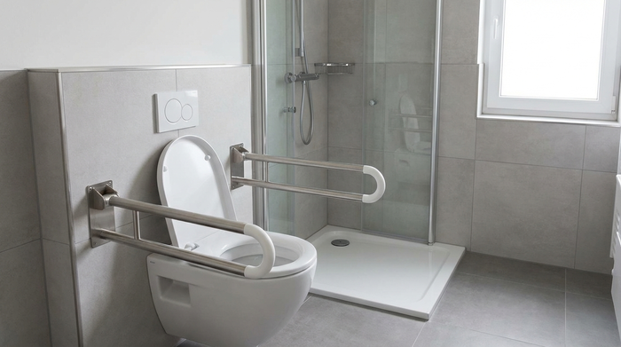 Erhöhtes WC mit beidseitigen, hochklappbaren Stützgriffen