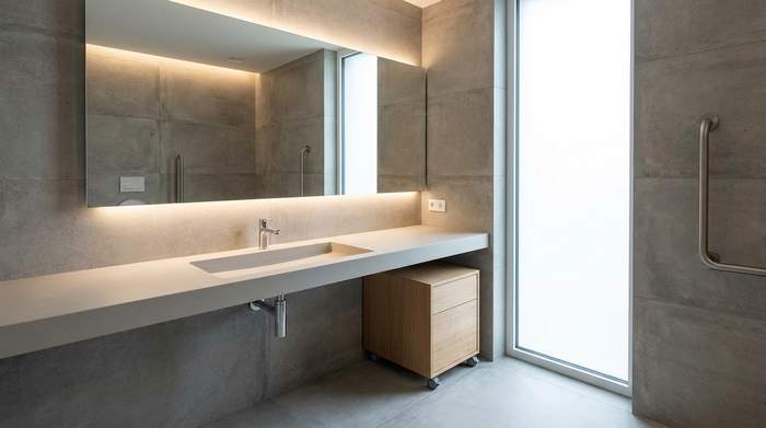 Unterfahrbarer, flacher Waschtisch in einem modernen Badezimmer