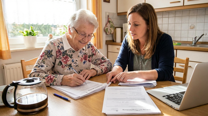 Seniorin füllt gemeinsam mit ihrer Tochter Antragsformulare aus