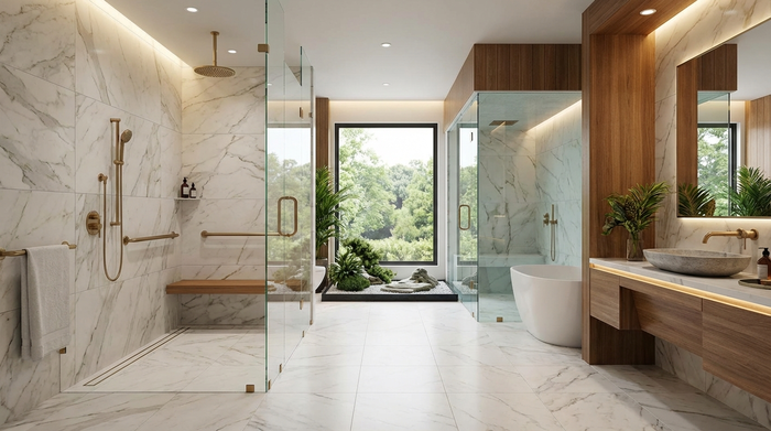 Luxuriöses, barrierefreies Wellness-Bad mit großen Fliesen und edlen Glaswänden