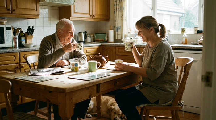 Älterer Herr und Pflegerin trinken entspannt Tee am Küchentisch