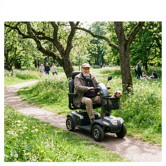 Senior fährt mit einem Elektromobil durch einen grünen Park