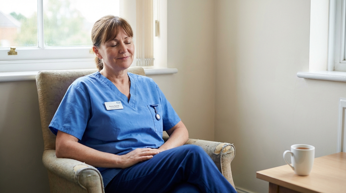 Pflegerin schließt für einen Moment entspannt die Augen