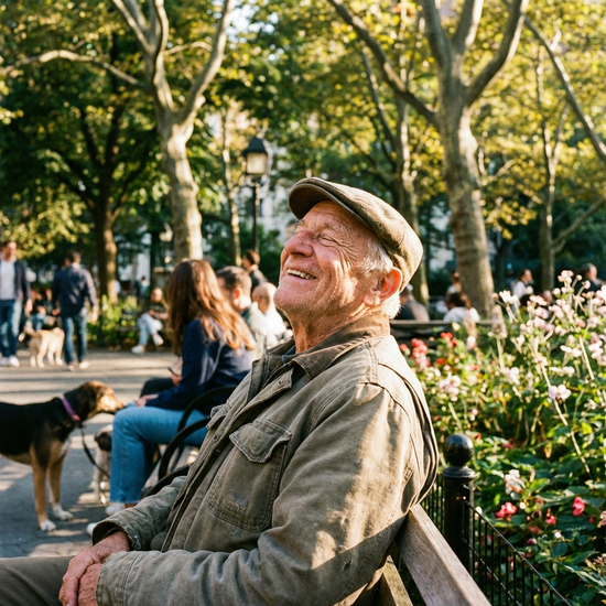 Senior genießt lächelnd die Sonne in einem Park