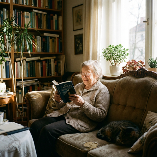 Ältere Dame liest entspannt ein Buch auf dem Sofa