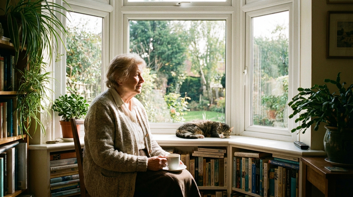 Angehörige sitzt ruhig mit einer Tasse Kaffee am Fenster