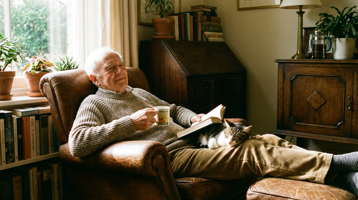 Senior sitzt bequem in einem Sessel und entspannt sich