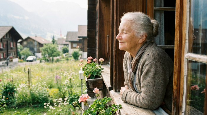Ältere Dame atmet tief und ruhig am offenen Fenster ein