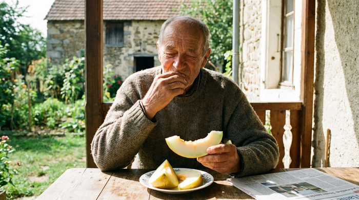 Senior isst langsam und genussvoll ein Stück Obst