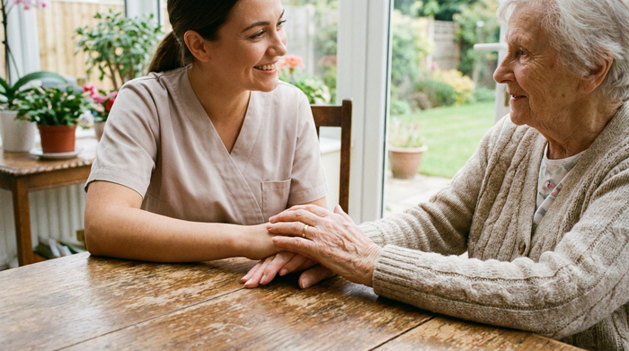 Sanfte Berührung der Hände zwischen Pflegerin und Senior