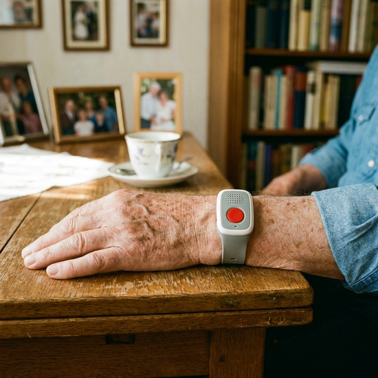 Hausnotruf-Armband am Handgelenk eines Seniors