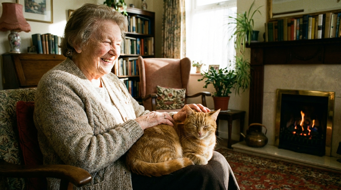 Ältere Dame lächelt glücklich, während sie eine sanfte Katze auf ihrem Schoß im gemütlichen Wohnzimmer streichelt