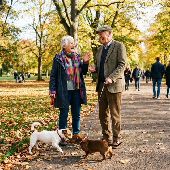 Zwei Senioren unterhalten sich angeregt beim Spaziergang mit ihren kleinen Hunden im Park