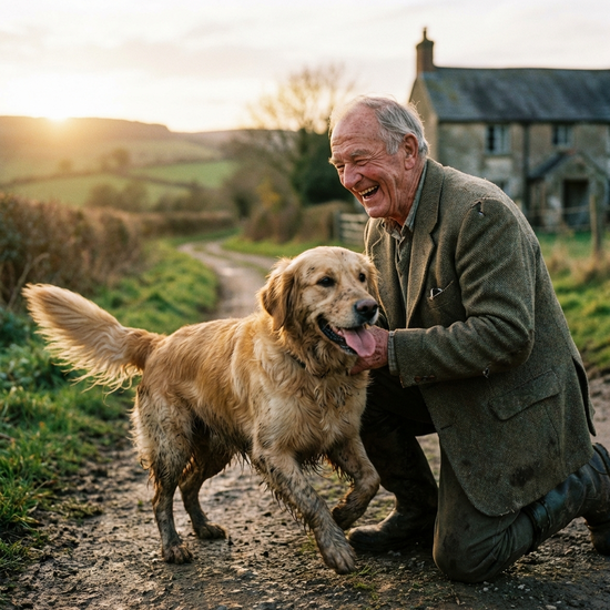 Älterer Herr lacht, während sein Hund freudig auf ihn zuläuft