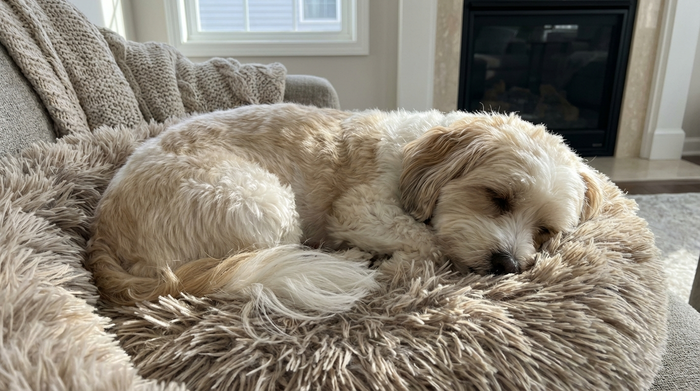 Ruhiger Havaneser-Hund liegt entspannt auf einem weichen Hundebett