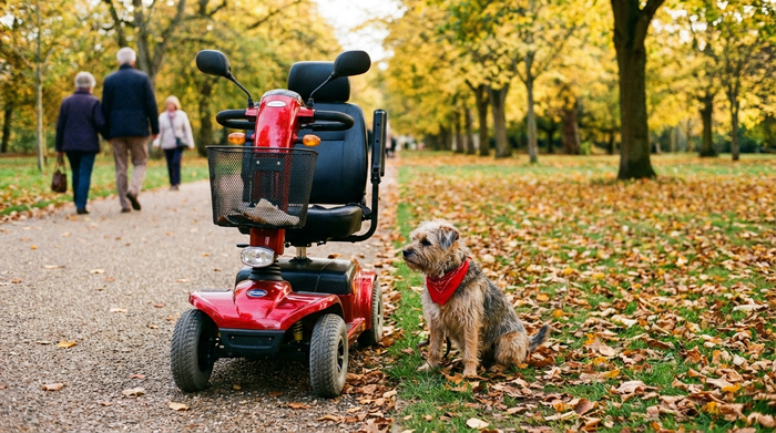 Seniorenmobil steht neben einem Fußweg im Park, ein kleiner Hund wartet geduldig daneben