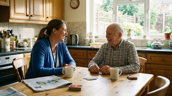 Pflegerin und Senior im Gespräch am Küchentisch, entspannte Atmosphäre