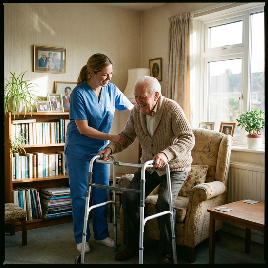Pflegerin hilft älterem Herrn beim Aufstehen aus einem Sessel
