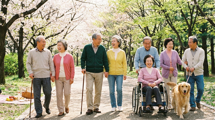 Senioren beim gemeinsamen Spaziergang im Park an einem sonnigen Tag