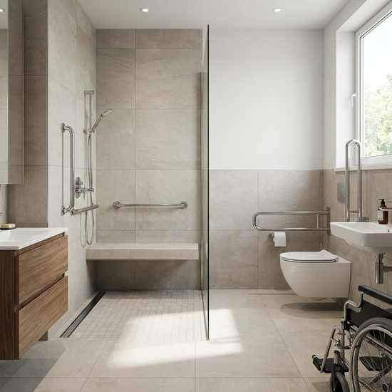 Modernes, barrierefreies Badezimmer mit ebenerdiger Dusche und Haltegriffen