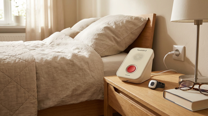 Hausnotruf-Gerät auf Nachttisch neben Bett