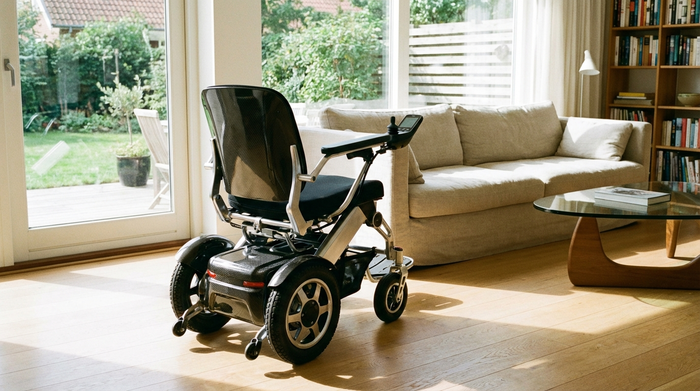 Moderner elektrischer Rollstuhl in einem hellen Wohnzimmer