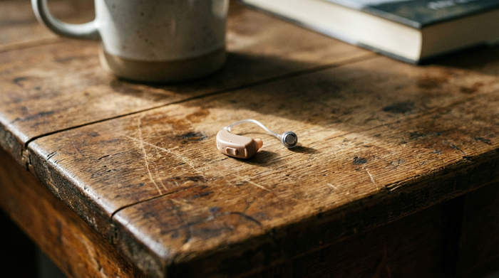 Kleines, unauffälliges Hörgerät auf einem Holztisch