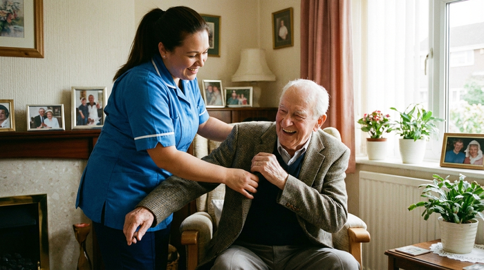 Freundliche Pflegerin hilft älterem Herrn beim Anziehen einer Jacke