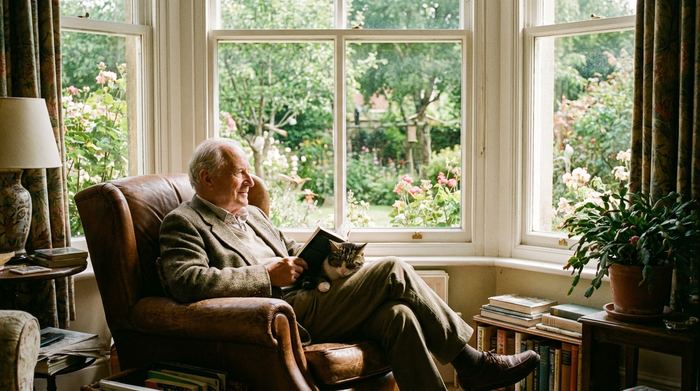 Älterer Herr sitzt entspannt in einem bequemen Sessel am Fenster und blickt zufrieden in einen sonnigen Garten