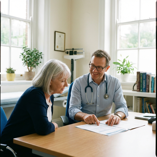 Freundlicher Hausarzt bespricht im hellen Behandlungszimmer Dokumente mit einer aufmerksamen Seniorin