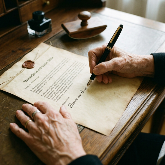 Nahaufnahme von Händen einer älteren Person, die mit einem edlen Füller ein wichtiges Dokument unterschreiben