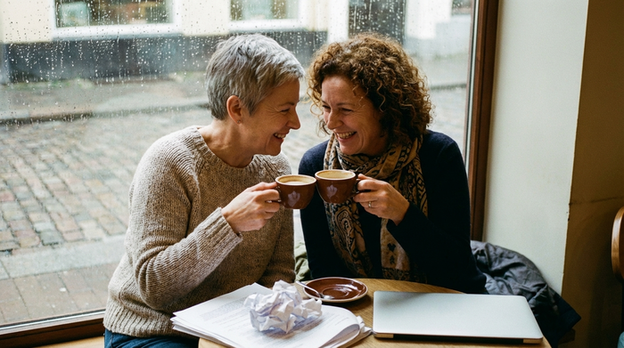 Zwei erwachsene Frauen sitzen erleichtert bei einer Tasse Kaffee zusammen und lächeln sich an