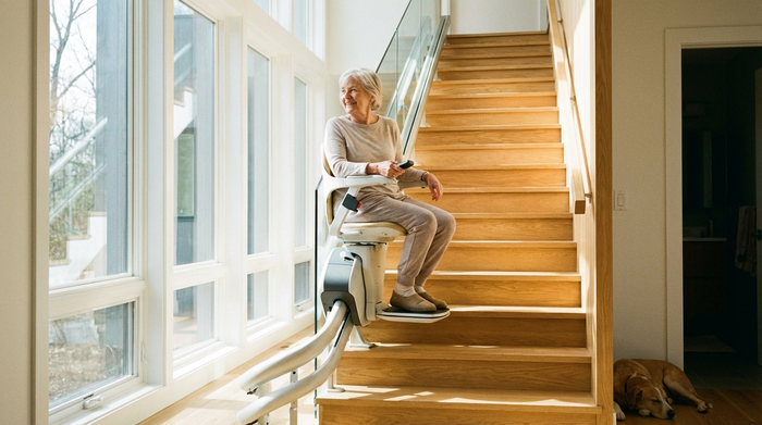 Ältere Dame fährt entspannt und sicher mit einem modernen Treppenlift eine helle Holztreppe hinauf