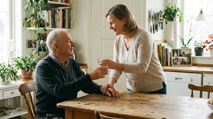 Einfühlsame Pflegekraft reicht einem älteren Herrn ein Glas Wasser am Küchentisch