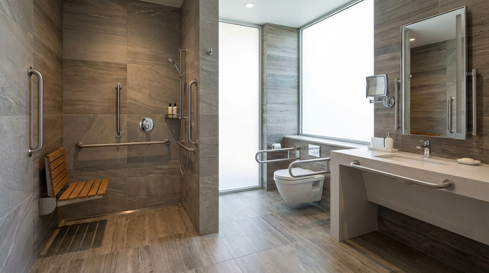 Modernes, barrierefreies Badezimmer mit bodengleicher Dusche, Duschsitz und stabilen Haltegriffen