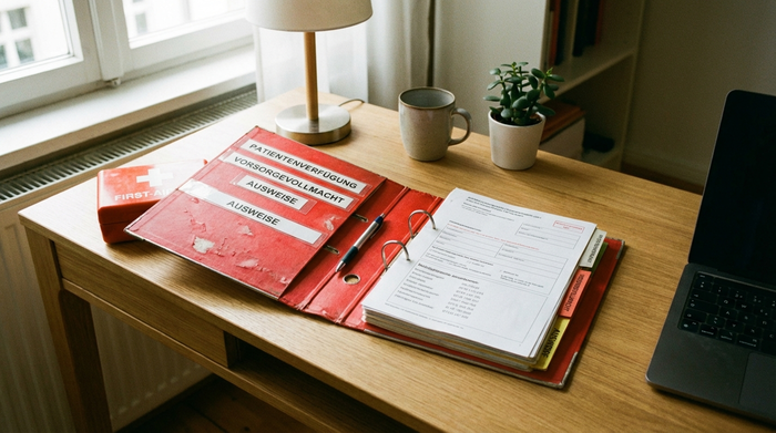 Geöffneter roter Notfallordner liegt gut sichtbar auf einem aufgeräumten Schreibtisch aus Holz