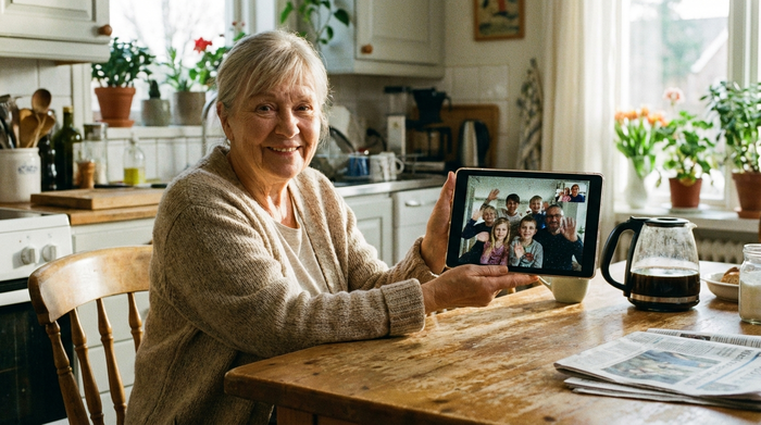 Lächelnde Seniorin sitzt am Küchentisch und hält ein Tablet, auf dem Bildschirm ist ein Videoanruf zu erahnen