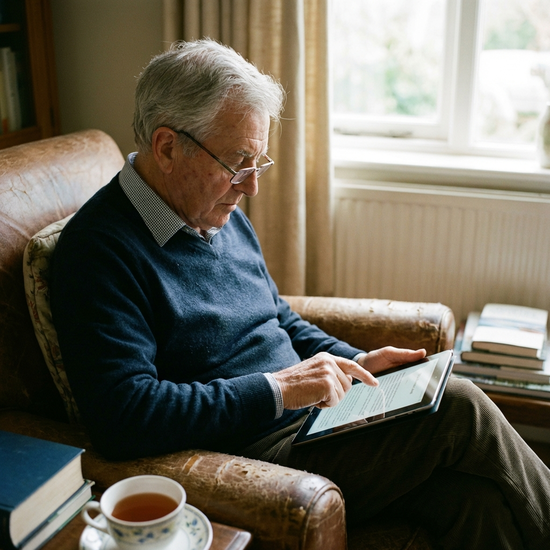 Älterer Herr tippt selbstständig und konzentriert auf den Touchscreen eines Tablets