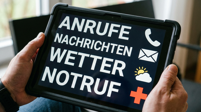 Nahaufnahme eines Tablets mit besonders großer Schrift und klaren Symbolen