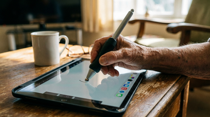 Hand eines Seniors bedient ein Tablet mit einem speziellen Eingabestift (Stylus)