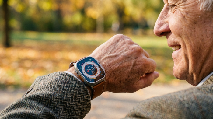 Moderne Smartwatch am Handgelenk eines Seniors