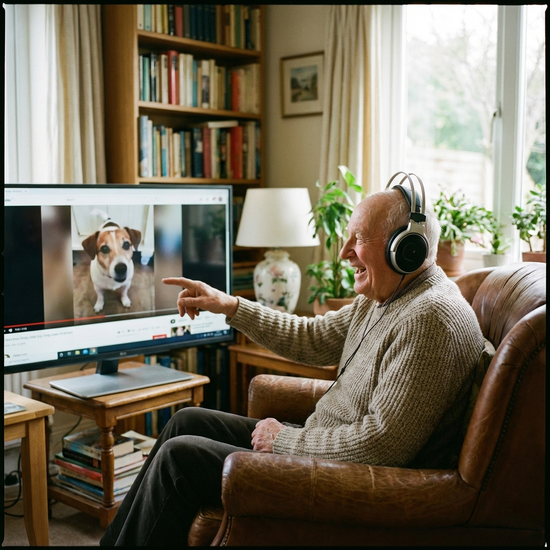 Fröhlicher Senior mit Kopfhörern sitzt im Sessel und betrachtet aufmerksam einen Bildschirm