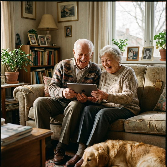 Älteres Ehepaar schaut gemeinsam auf ein Tablet und lacht