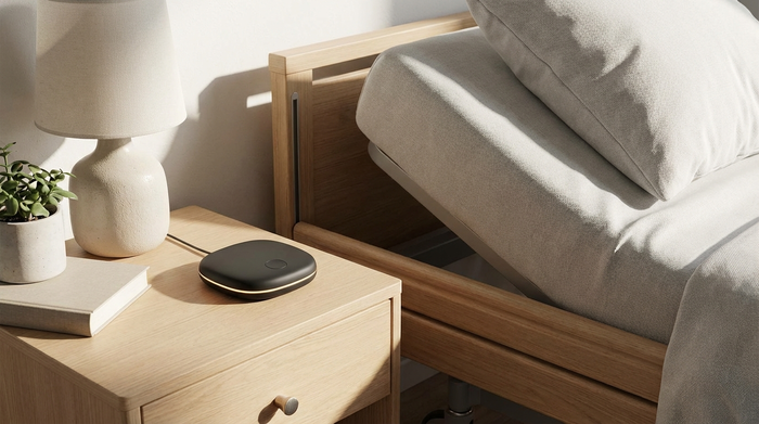 Modernes, unauffälliges Hausnotruf-Gerät steht auf einem aufgeräumten Nachttisch neben einem Pflegebett