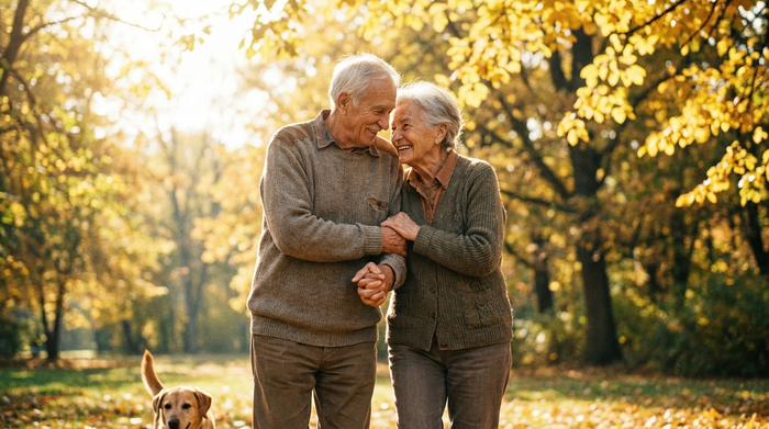 Ein älteres Ehepaar geht Arm in Arm durch einen sonnigen Park und strahlt tiefe Verbundenheit aus