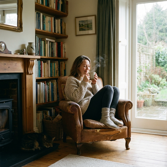 Eine Frau sitzt gemütlich auf einem Sessel und trinkt in Ruhe eine Tasse Tee