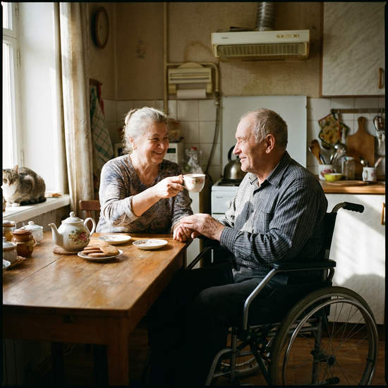 Eine Ehefrau reicht ihrem im Rollstuhl sitzenden Ehemann liebevoll eine Tasse Tee am Küchentisch