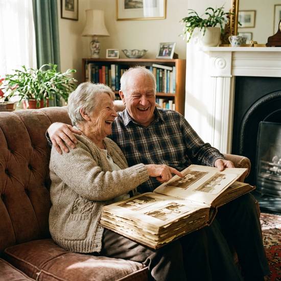 Ein älteres Ehepaar lacht gemeinsam entspannt beim Betrachten eines alten Fotoalbums auf dem Sofa
